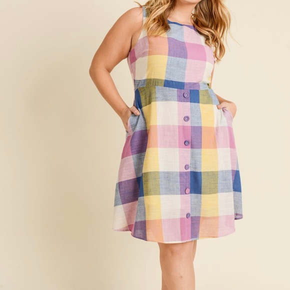 Plus Size Rainbow Gilli Plaid Summer Dress with Peek a Boo Back and Pockets - Picture 3 of 3